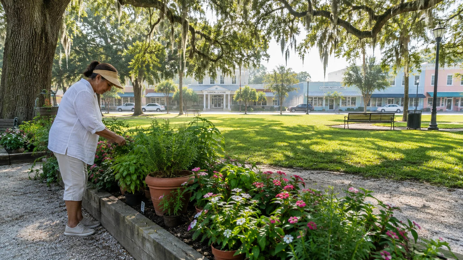 A woman tends to potted plants in a town square park with moss-draped oak trees and storefronts in the background.