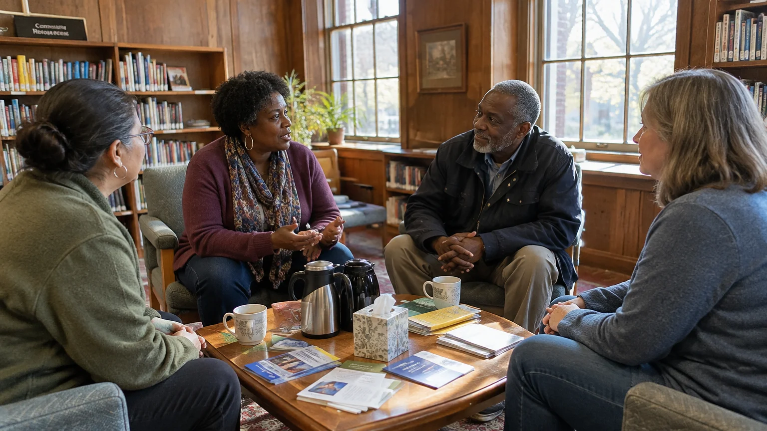 Four diverse adults sit in armchairs around a coffee table talking inside a sunlit library room.