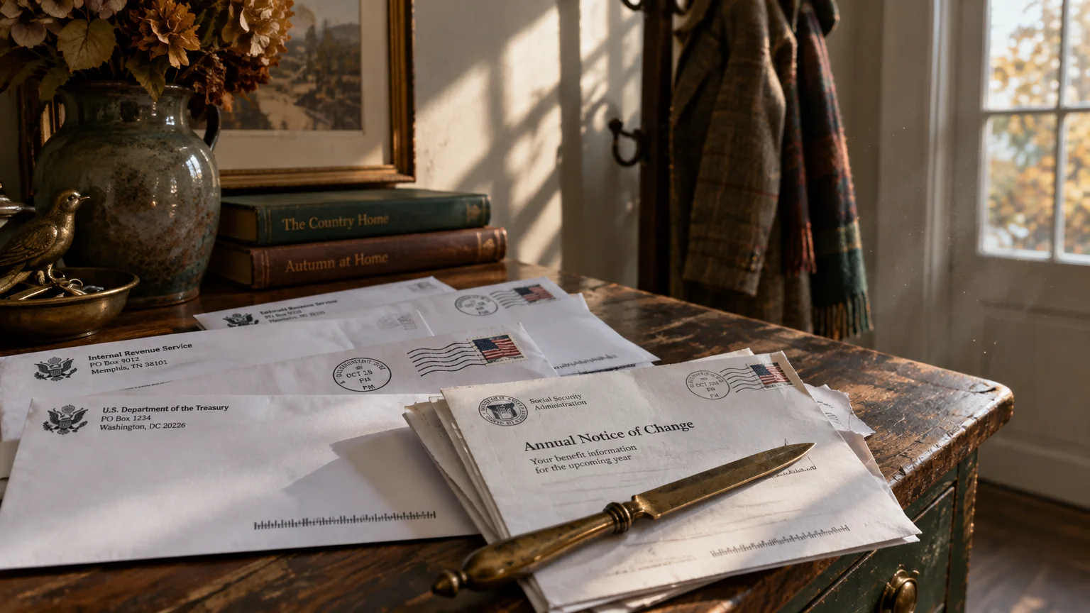 Envelopes from government agencies and an Annual Notice of Change rest on a wooden table beside a letter opener.