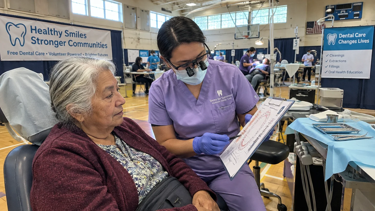 A masked dental provider in purple scrubs shows a dental chart on a clipboard to an older woman in a pop-up clinic.