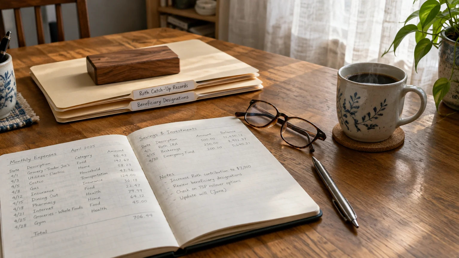 Wooden desk with a handwritten budget ledger, eyeglasses, pen, coffee mug, and labeled file folders in sunlight.