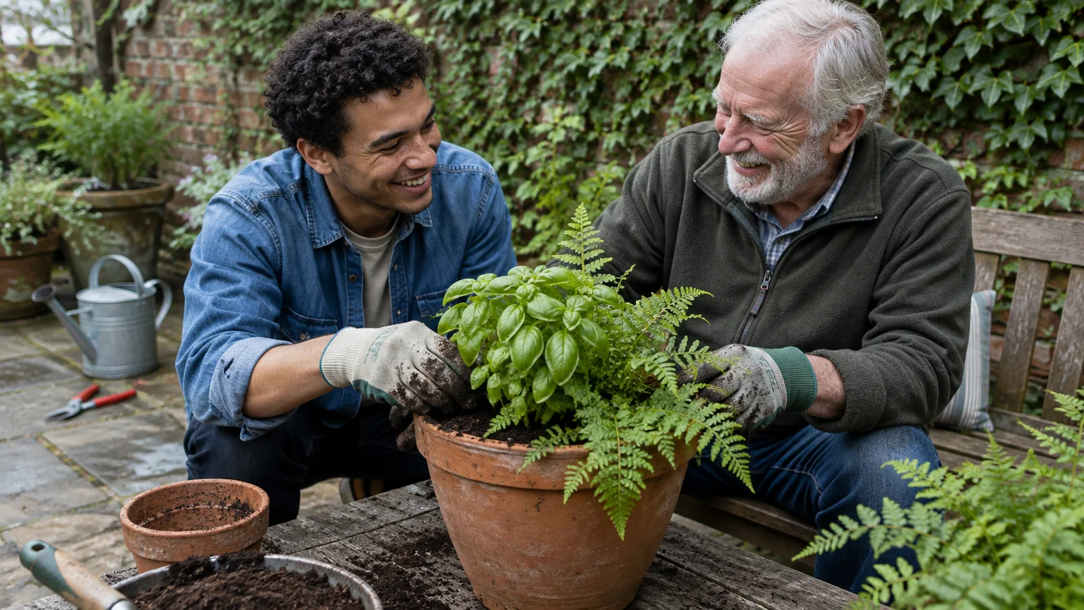 A smiling young man and an older man with a white beard pot plants together on a garden bench outdoors.