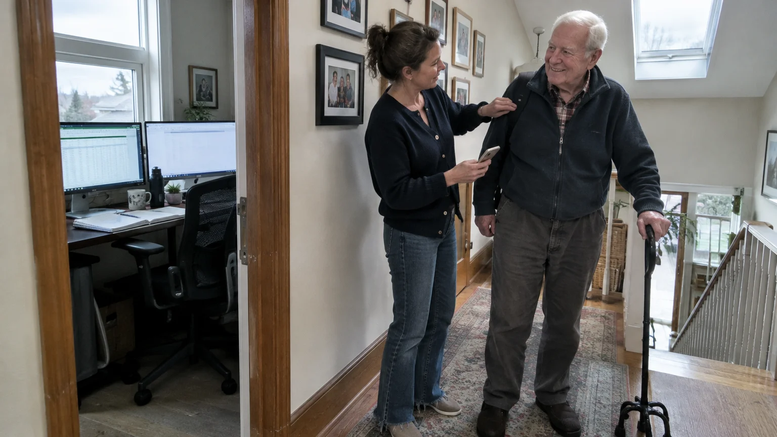 A woman holding a smartphone assists an older man using a walking cane in a hallway next to an office.