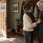 A woman buttons an elderly man's wool coat near an open front door in a sunlit entryway.