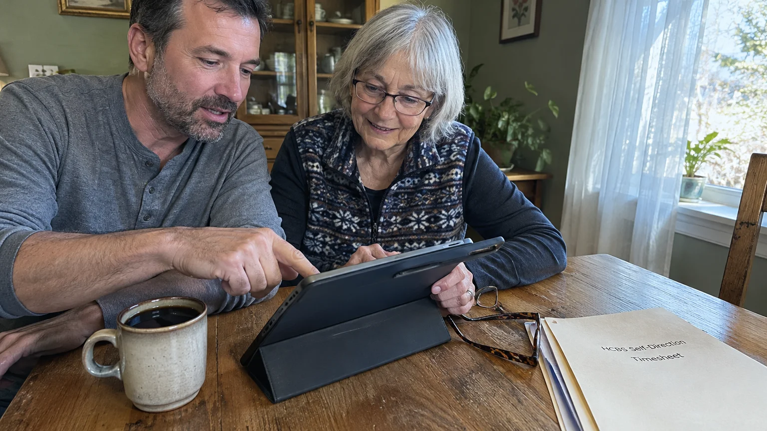 A man and an older woman sit at a wooden table looking at a tablet screen beside an HCBS timesheet folder.