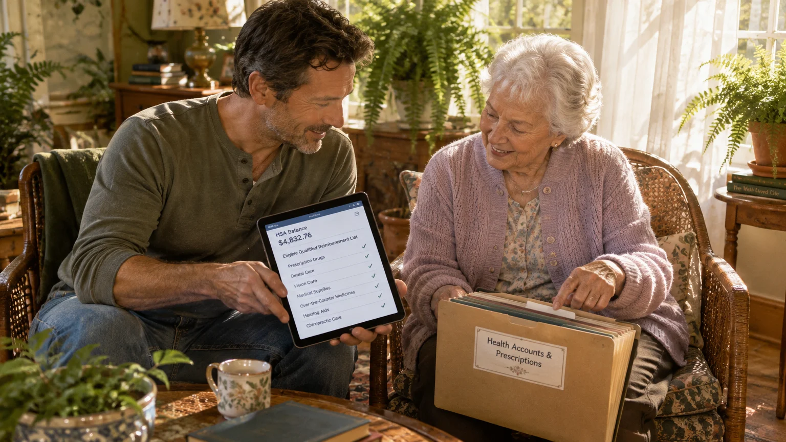 A man shows an elderly woman an HSA balance on a tablet while sitting beside an accordion folder of health records.