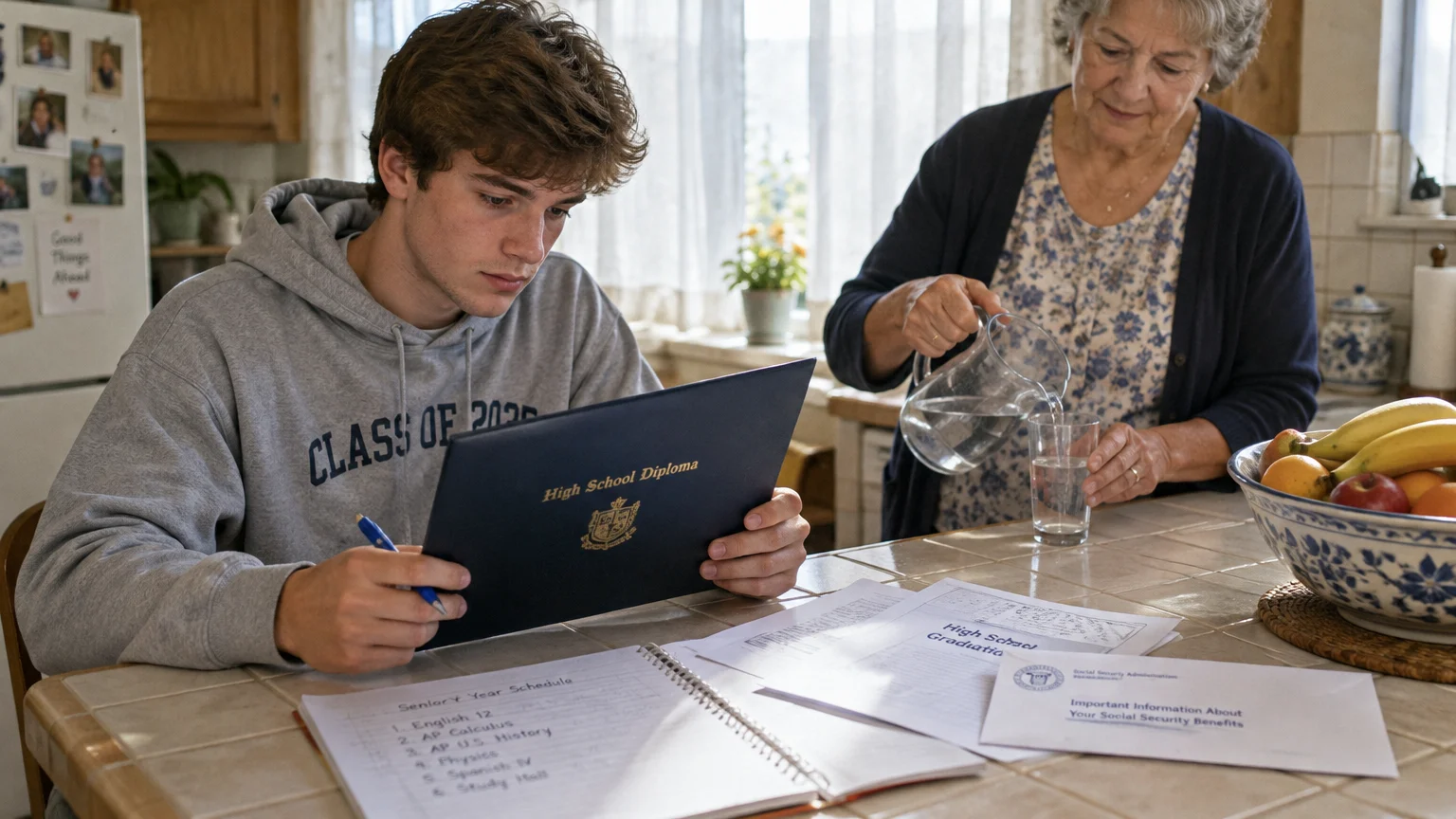 A young man in a hoodie looks at a diploma folder at a kitchen counter while an older woman pours water.