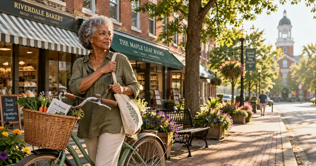 A senior woman walking with a bicycle on a sunny, flower-lined brick sidewalk in front of small-town shops.