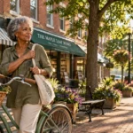 A senior woman walking with a bicycle on a sunny, flower-lined brick sidewalk in front of small-town shops.