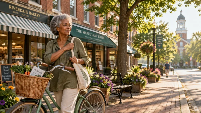 A senior woman walking with a bicycle on a sunny, flower-lined brick sidewalk in front of small-town shops.