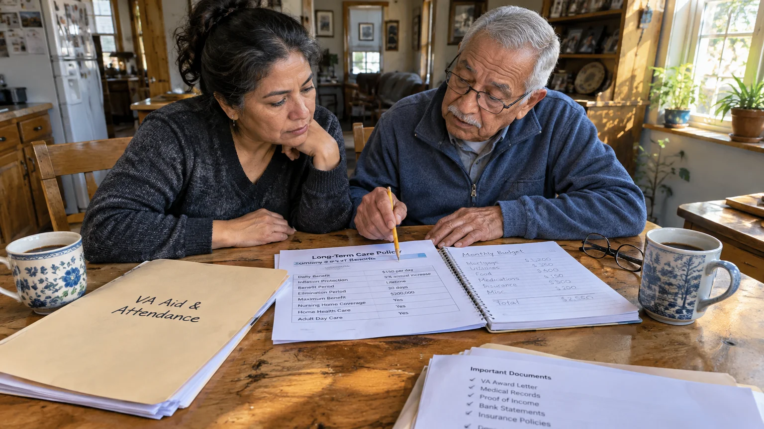 A man and woman sit at a wooden table reviewing a long-term care policy document and monthly budget notes.