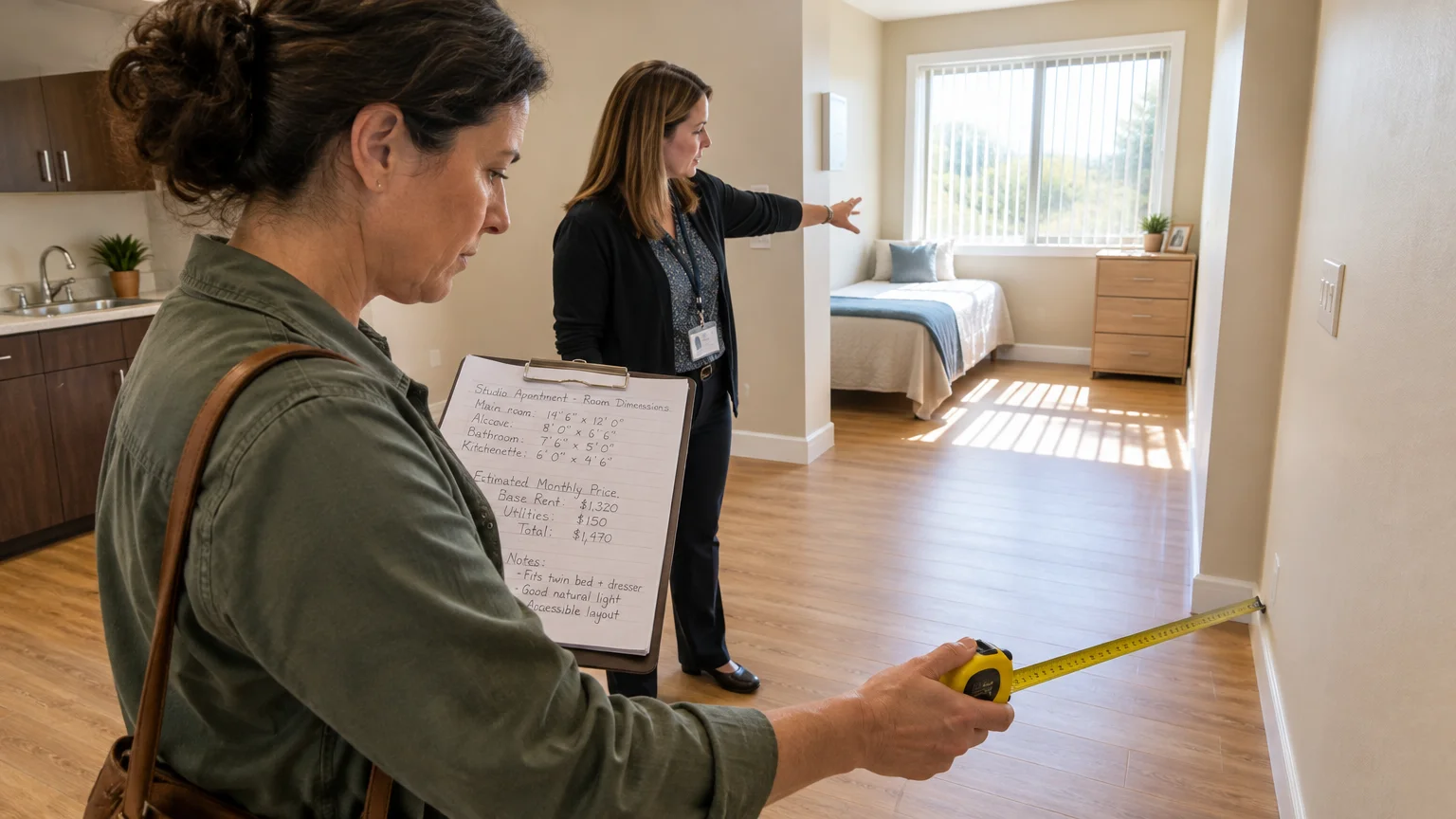 A woman holds a clipboard and tape measure while touring a studio apartment with an assisted living community staff member.