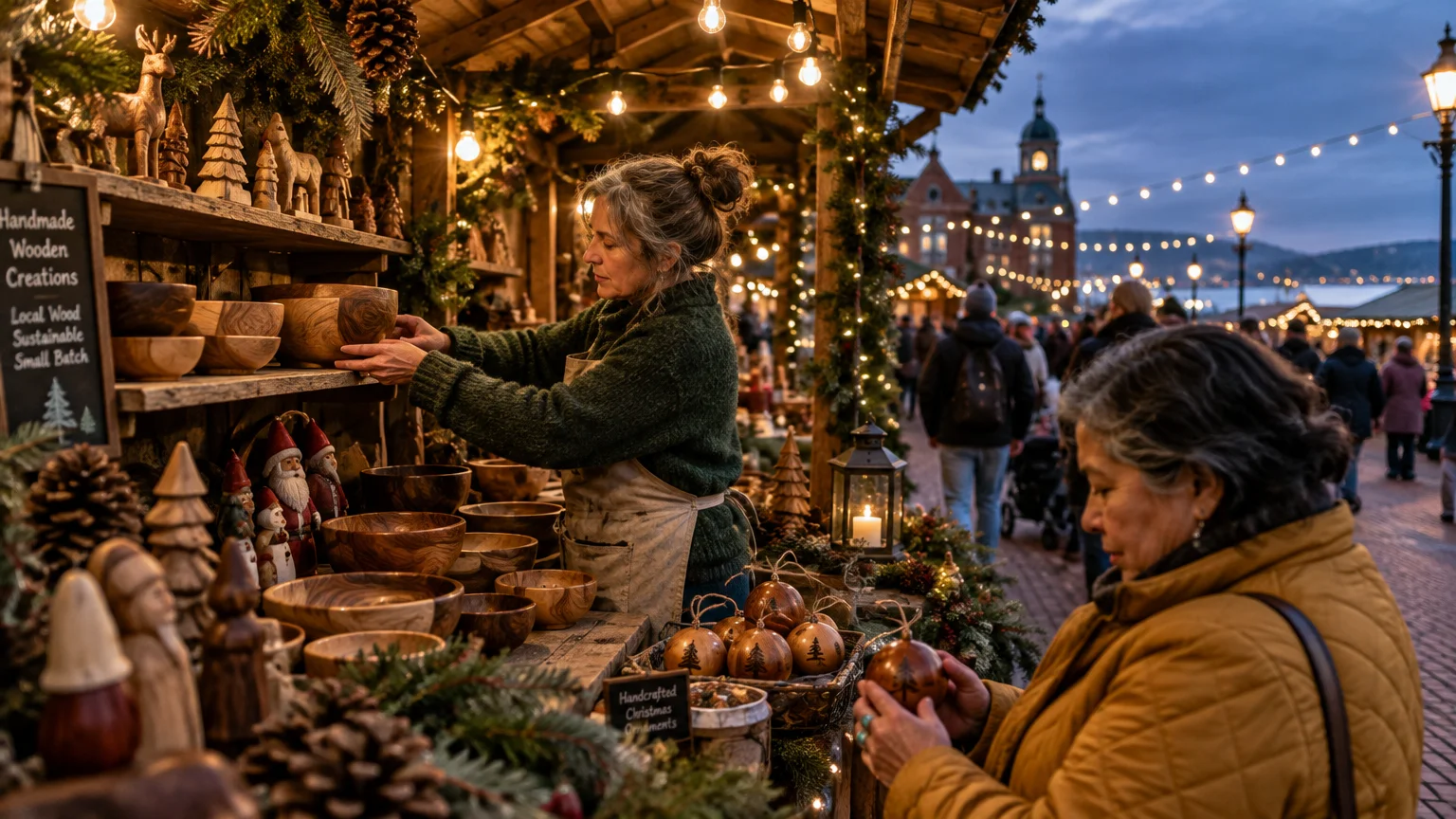 A shopper inspects wooden ornaments at an outdoor evening holiday market stall filled with handcrafted wooden bowls.