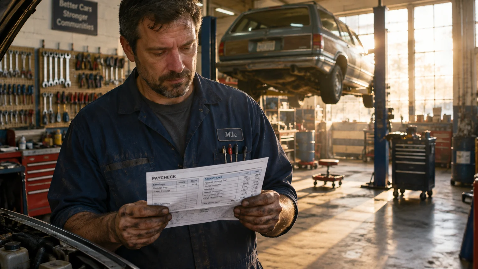 A mechanic in a blue uniform reads a printed paycheck stub inside a bright auto repair shop.