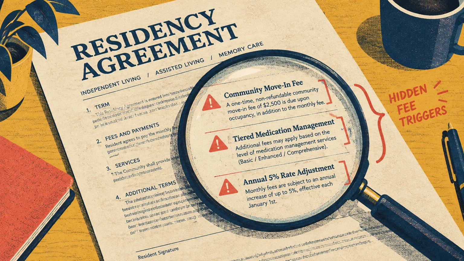 Magnifying glass highlighting hidden fee triggers on a residency agreement document on a wooden desk.