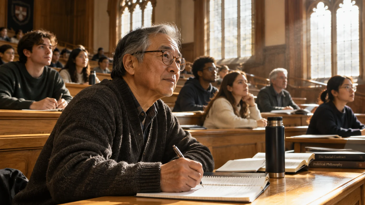 An older man takes handwritten notes while sitting with other students in a university lecture hall.