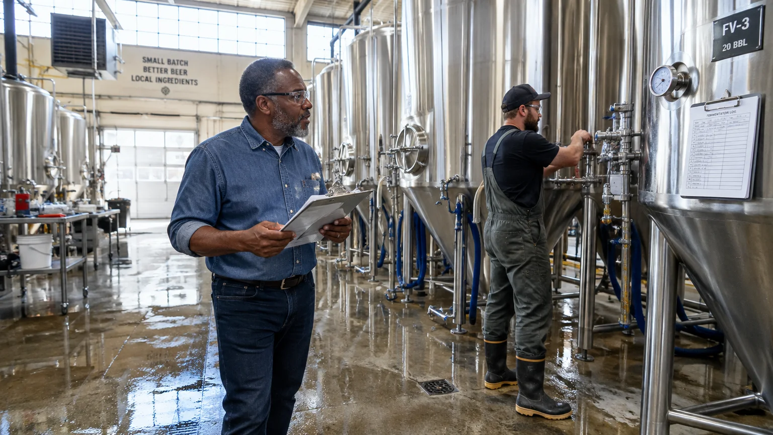 A senior man holding a clipboard inspects large stainless steel fermentation tanks in a brewery alongside another worker.