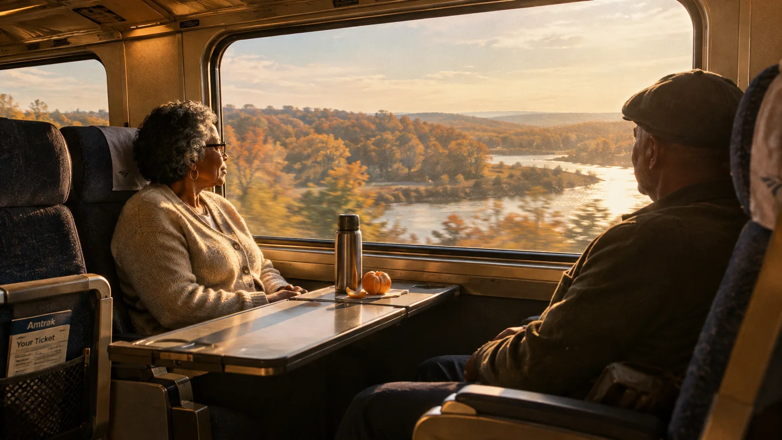 An older couple sits by a large train window looking out at an autumn landscape with trees and a river.