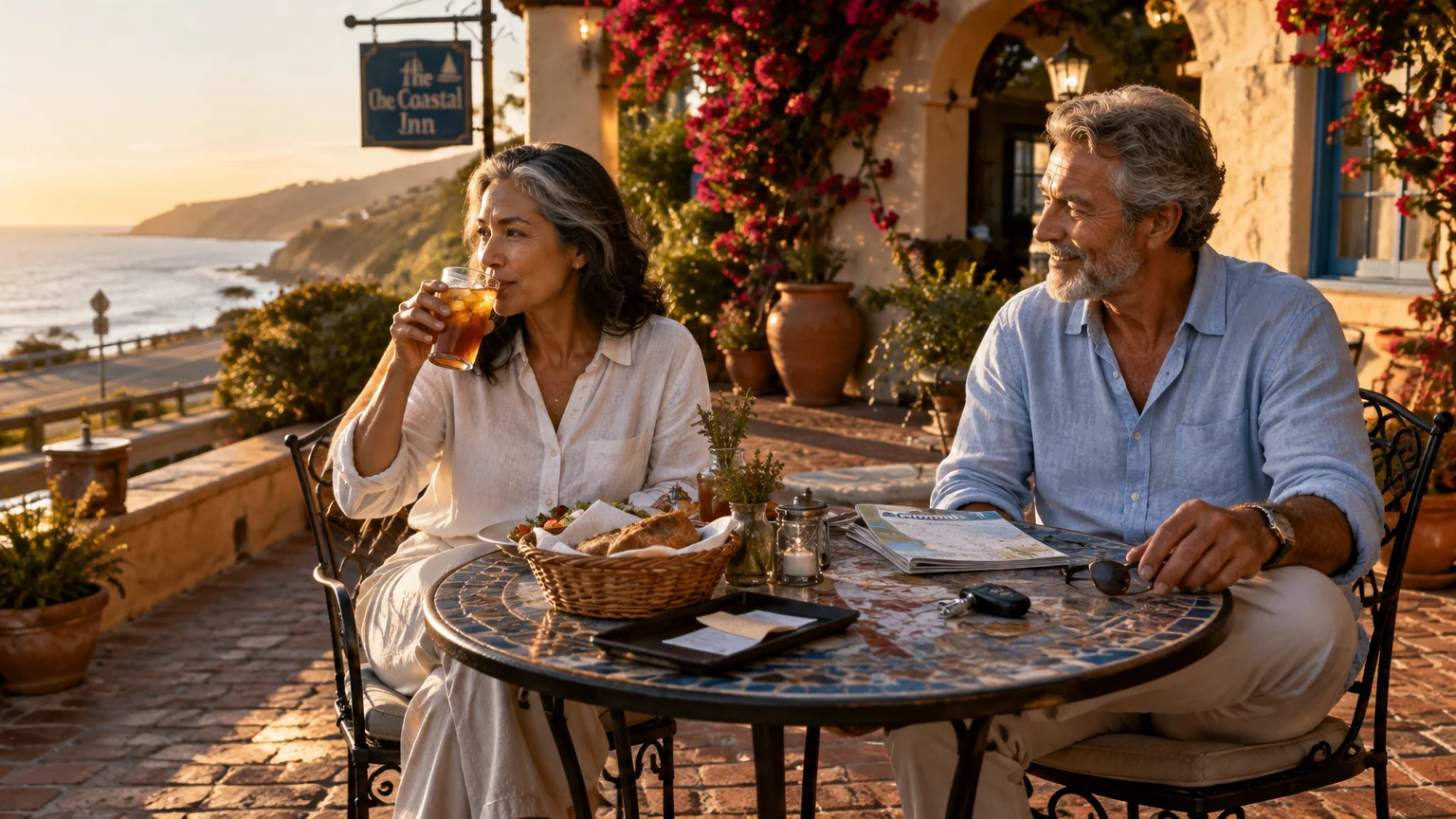 A mature couple sits at an outdoor restaurant patio table overlooking a coastal road and ocean at sunset.