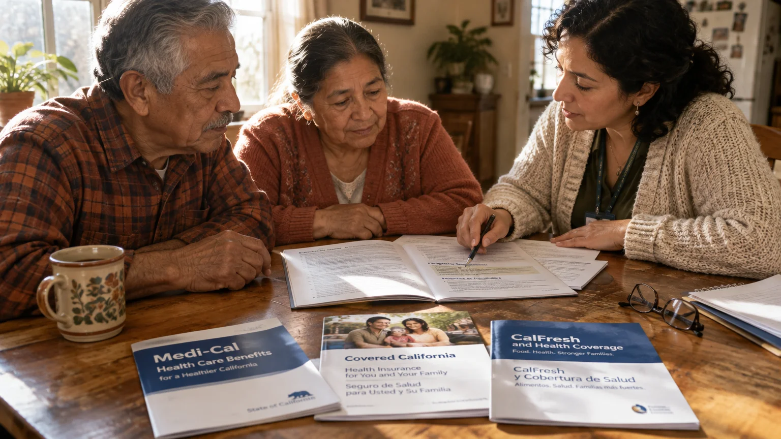 An older couple reviews paperwork at a table with an advisor alongside Medi-Cal and Covered California booklets.