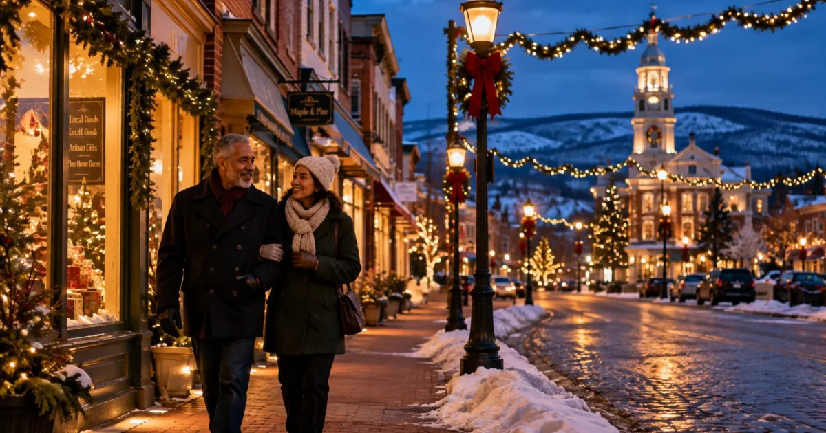 Senior couple walking arm in arm on a snowy brick sidewalk of a small town decorated with Christmas lights at dusk.