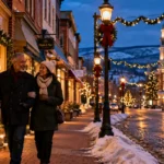 Senior couple walking arm in arm on a snowy brick sidewalk of a small town decorated with Christmas lights at dusk.