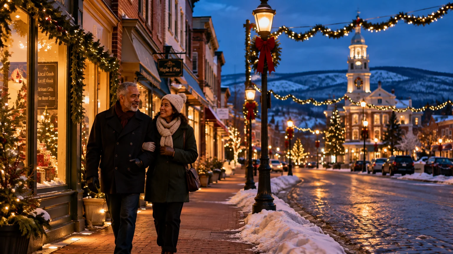 Senior couple walking arm in arm on a snowy brick sidewalk of a small town decorated with Christmas lights at dusk.