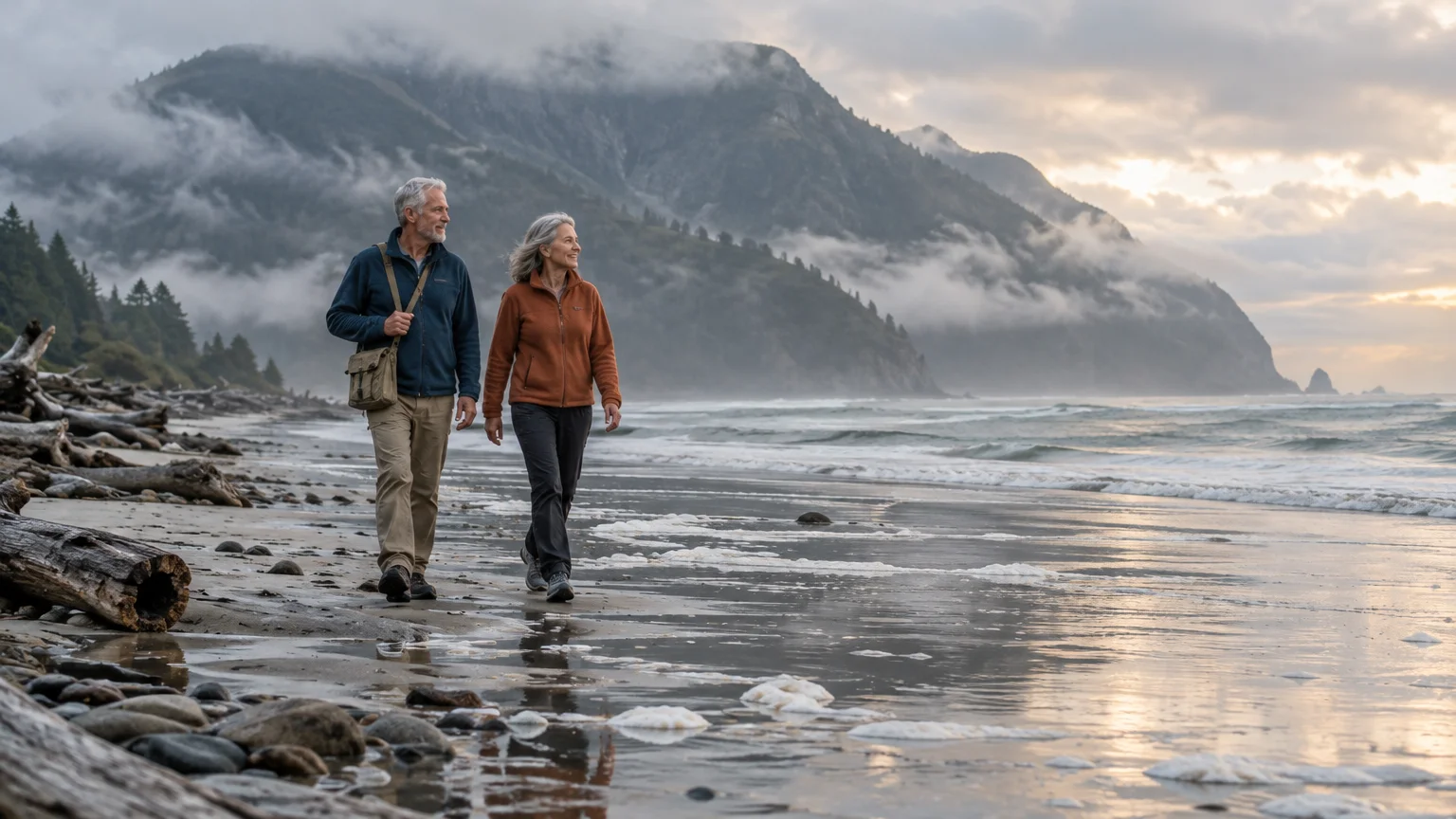 An older couple in fleece jackets walks along a misty ocean beach lined with driftwood and foggy coastal mountains.
