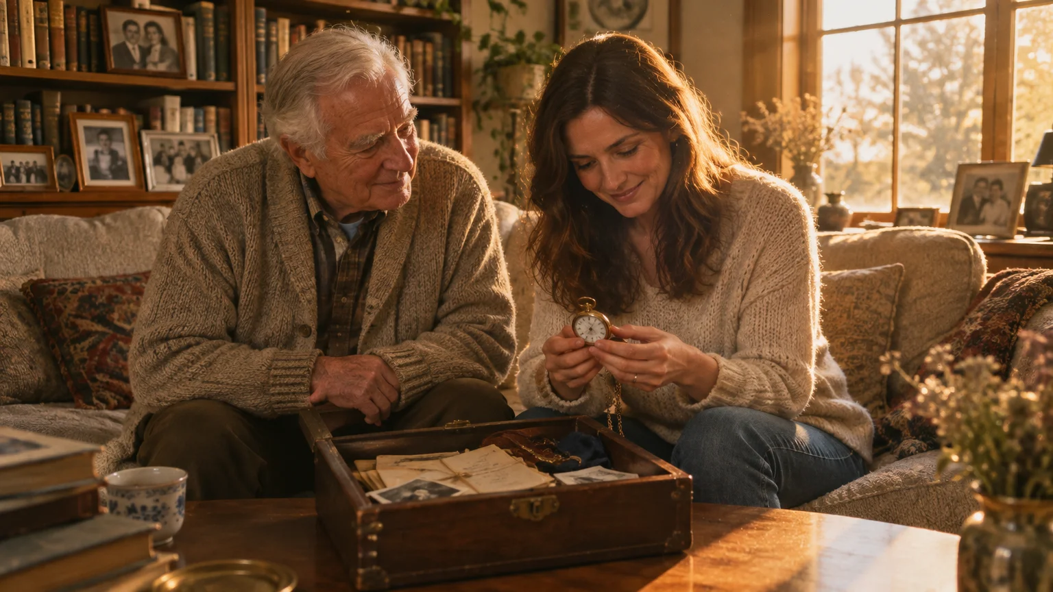 An older man and a young woman sit on a couch together, examining a pocket watch from an open wooden keepsake box.