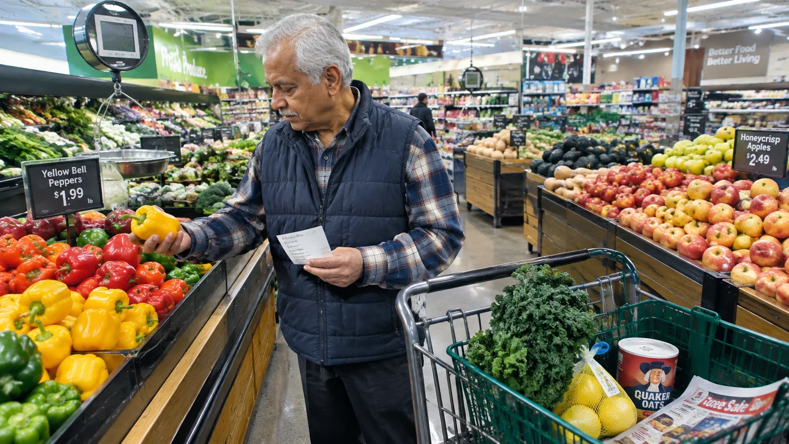 A senior man holds a yellow bell pepper and a shopping list next to a cart in a supermarket produce aisle.