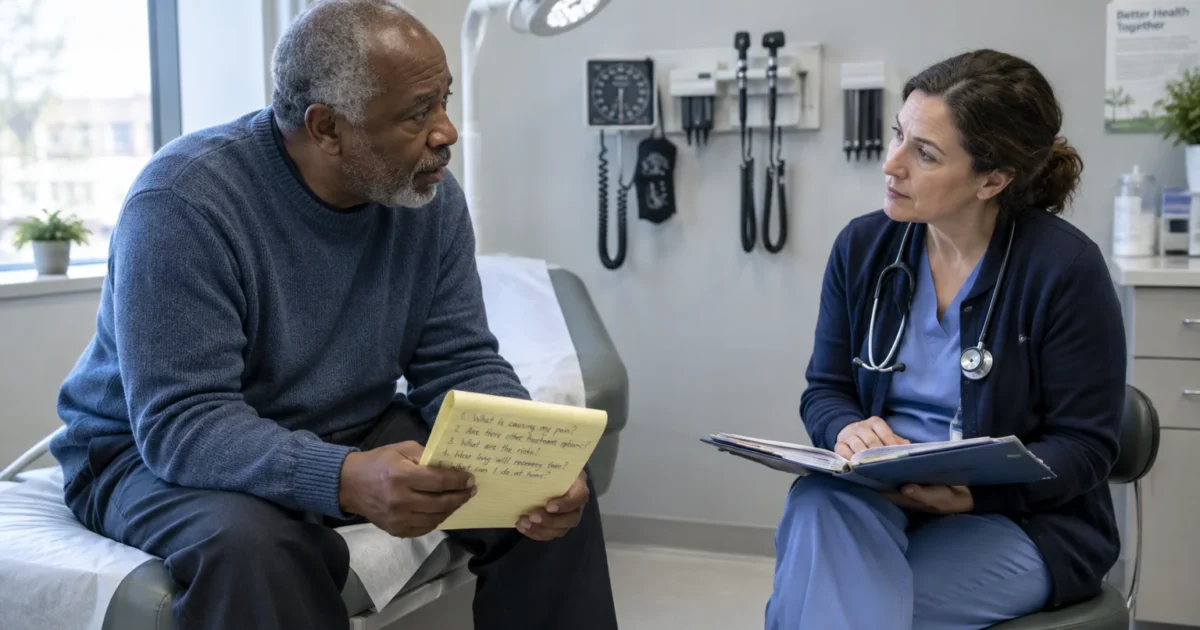 An older man holding a notepad sits on an exam table and discusses questions with a female healthcare provider.
