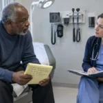 An older man holding a notepad sits on an exam table and discusses questions with a female healthcare provider.