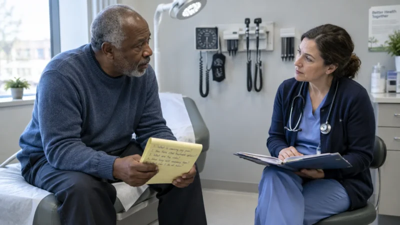 An older man holding a notepad sits on an exam table and discusses questions with a female healthcare provider.