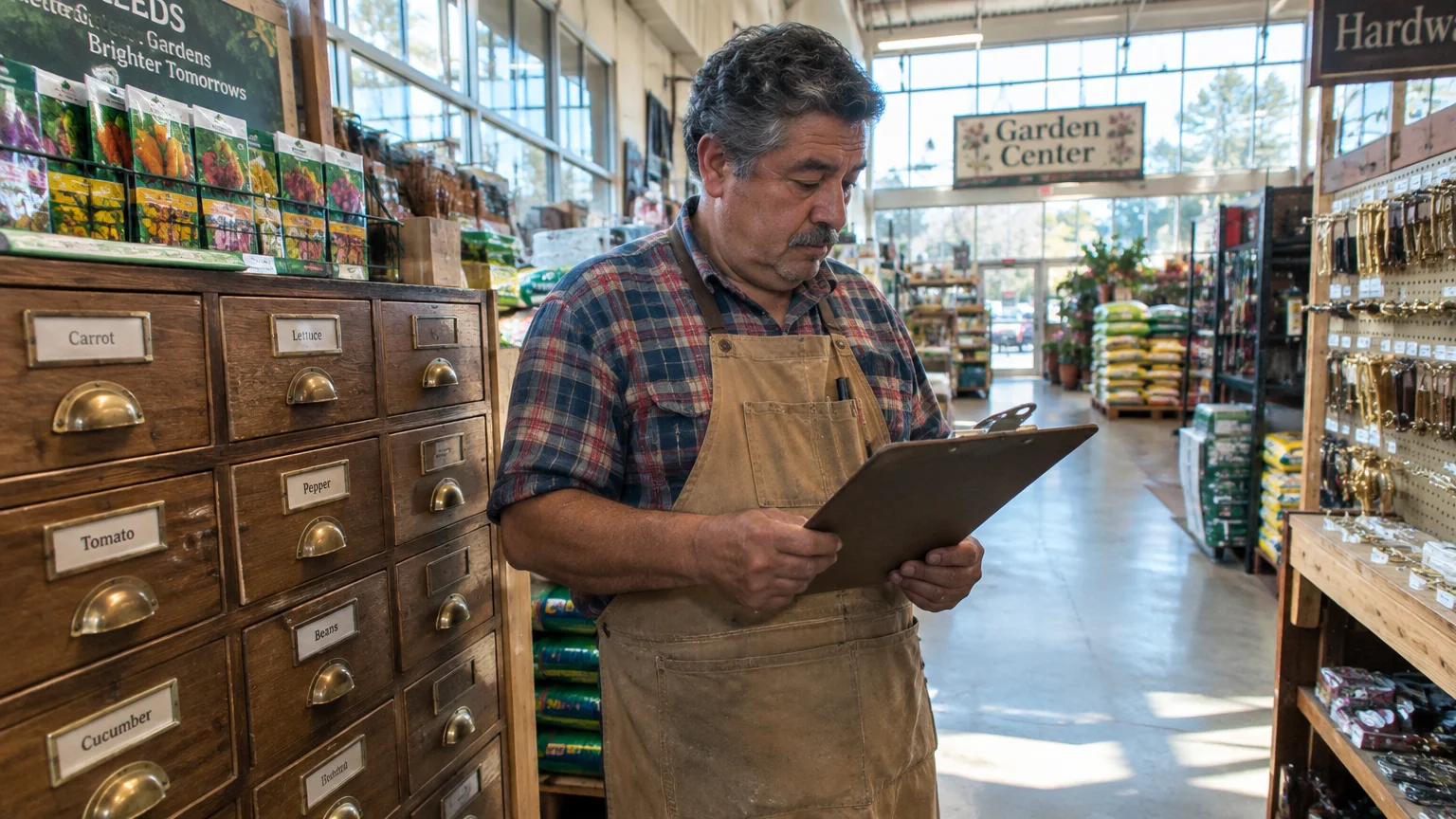 A man wearing an apron looks down at a clipboard inside a hardware store beside a wooden seed drawer cabinet.
