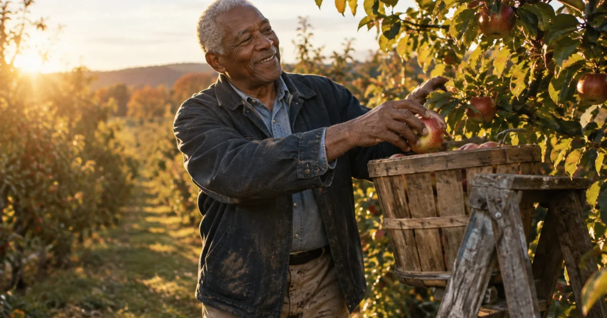 Smiling senior man harvesting red apples into a wooden basket on a ladder in a sunlit orchard.