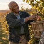 Smiling senior man harvesting red apples into a wooden basket on a ladder in a sunlit orchard.