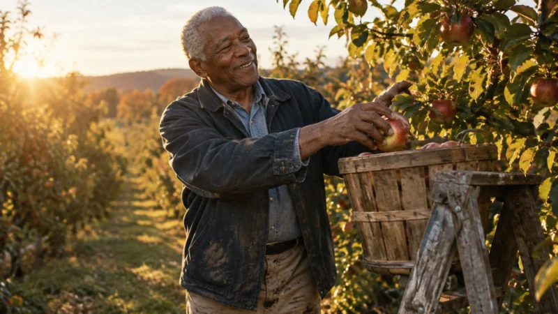 Smiling senior man harvesting red apples into a wooden basket on a ladder in a sunlit orchard.