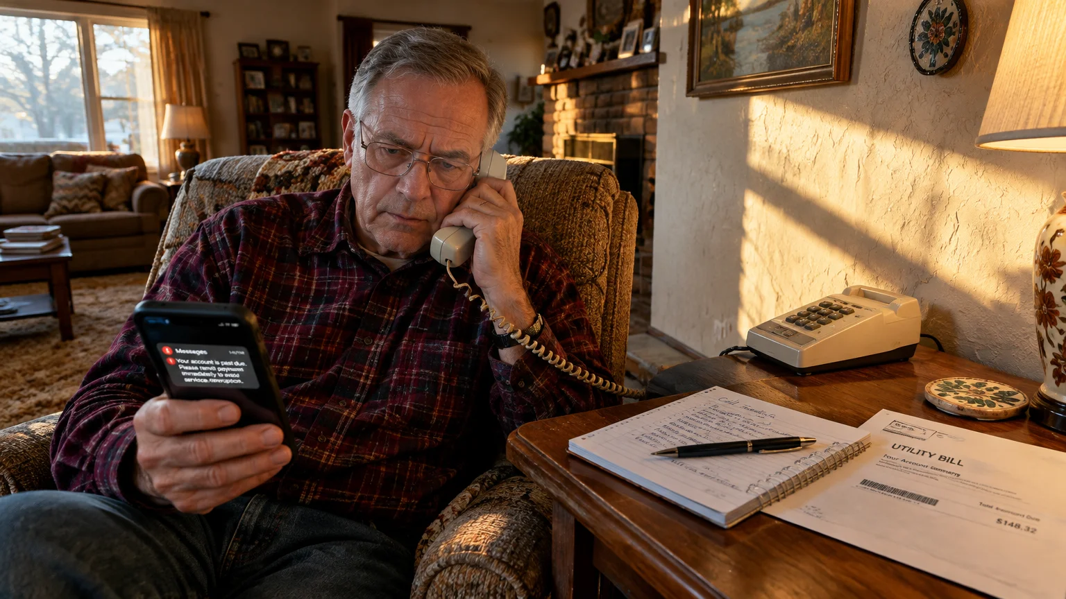 An older man talks on a corded landline phone while checking a past-due alert on his smartphone beside a utility bill.
