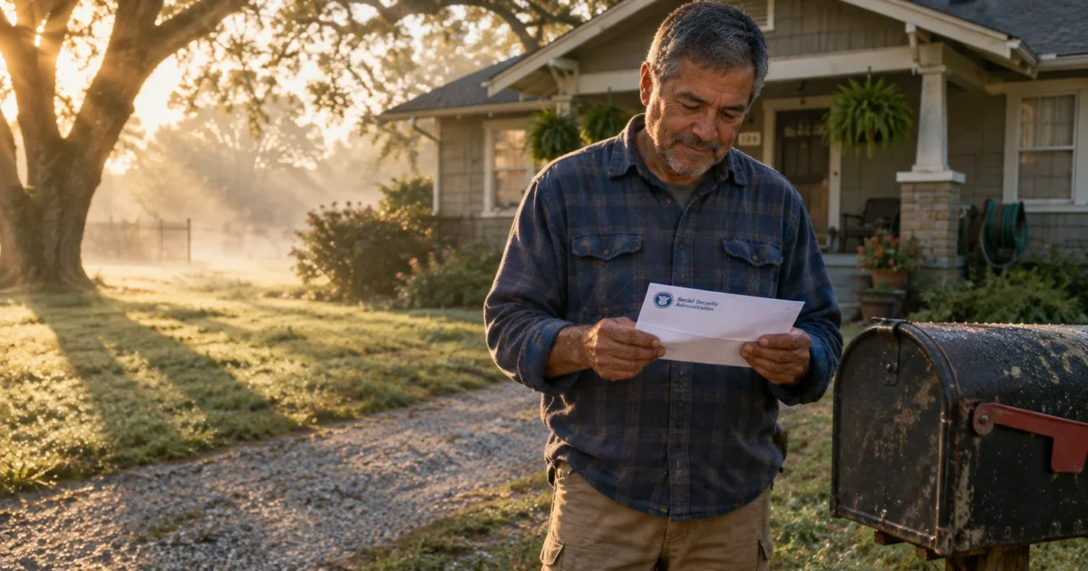 A mature man in a flannel shirt stands beside a mailbox, reading a letter from the Social Security Administration.