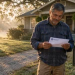 A mature man in a flannel shirt stands beside a mailbox, reading a letter from the Social Security Administration.