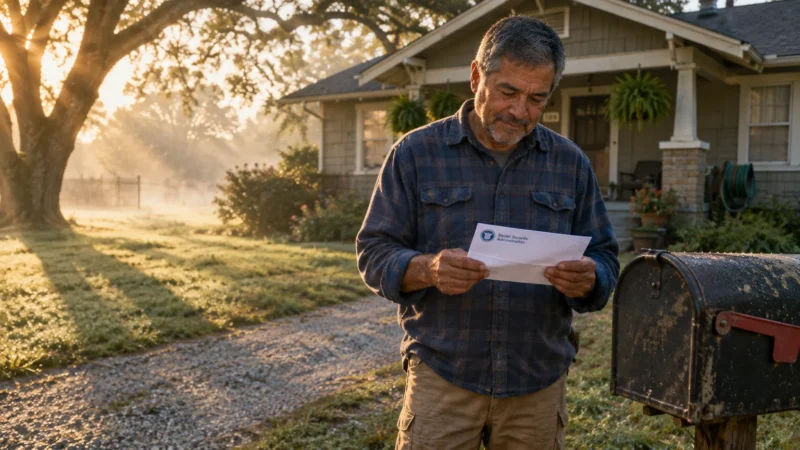 A mature man in a flannel shirt stands beside a mailbox, reading a letter from the Social Security Administration.