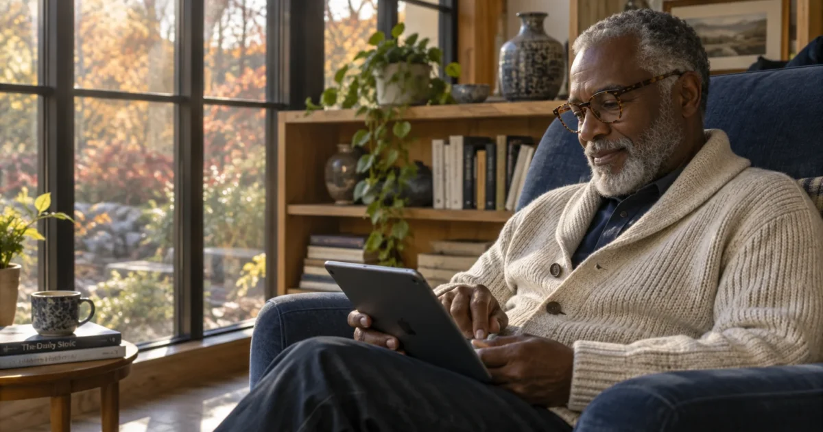 Senior man with glasses and a grey beard sitting in an armchair by a sunny window while using a digital tablet.