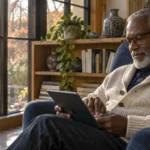Senior man with glasses and a grey beard sitting in an armchair by a sunny window while using a digital tablet.