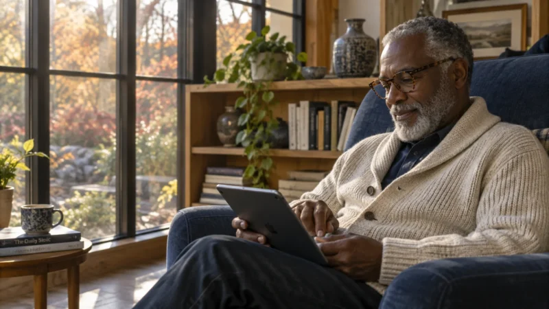 Senior man with glasses and a grey beard sitting in an armchair by a sunny window while using a digital tablet.