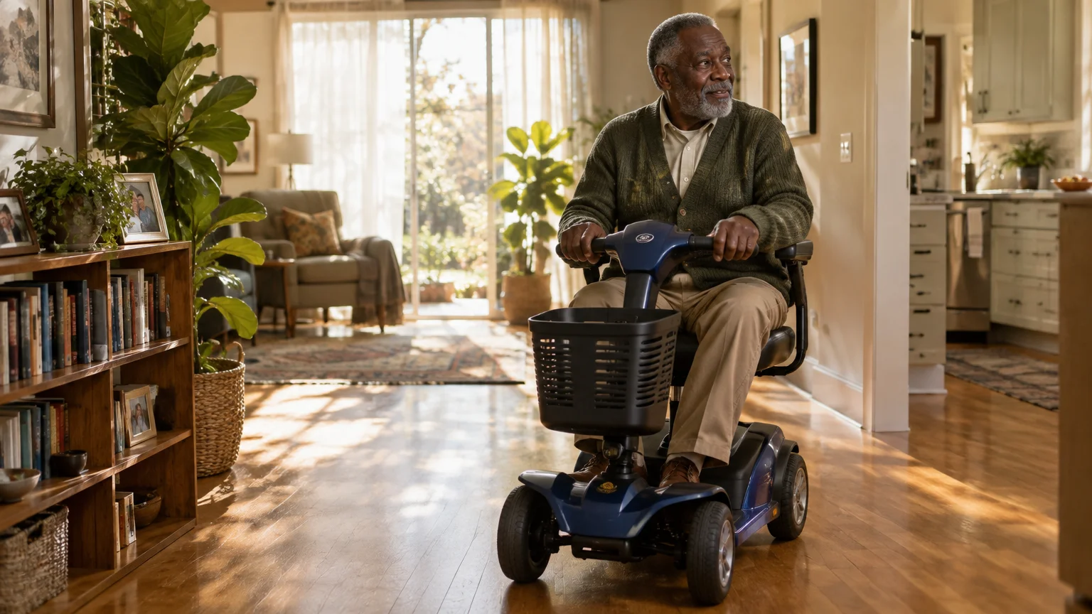 A senior man in a green cardigan sits on a blue mobility scooter inside a sunlit home living room.