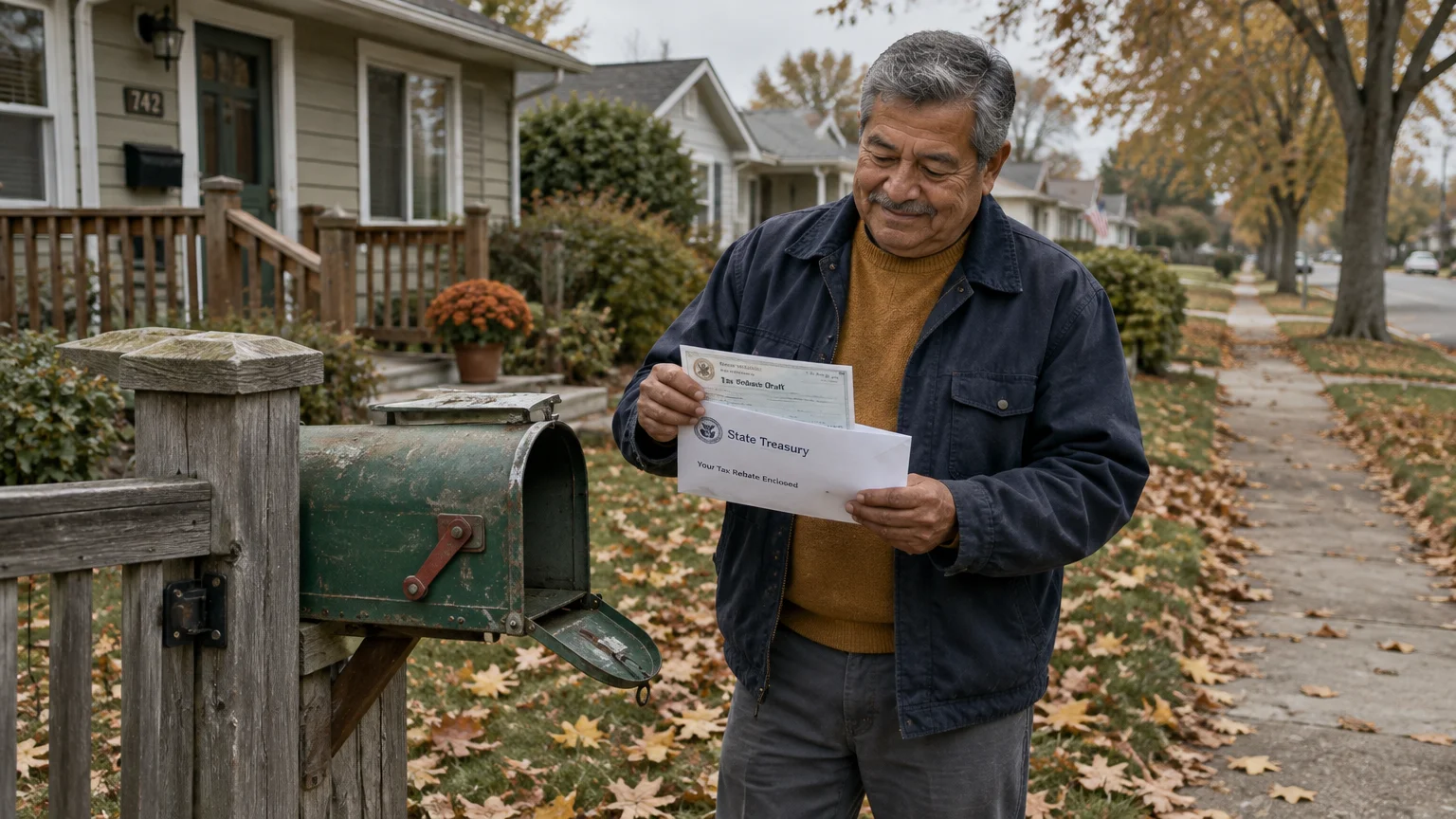 Older man smiles standing by a curbside mailbox while holding an opened State Treasury rebate check and envelope.