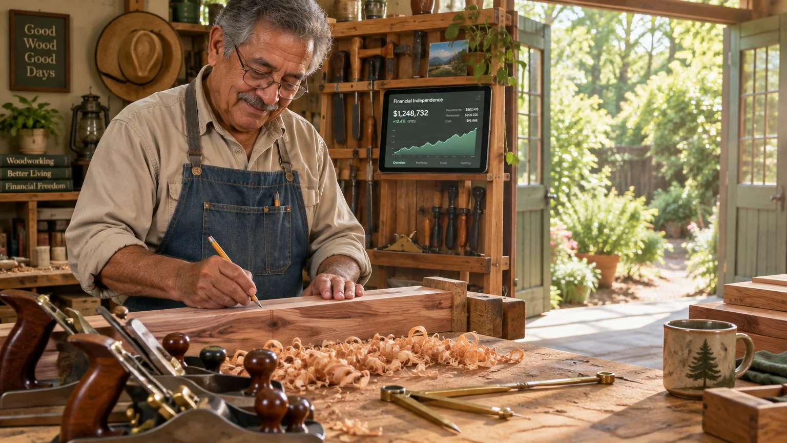 Senior carpenter marking wood in a sunny workshop next to a tablet displaying an investment portfolio graph.