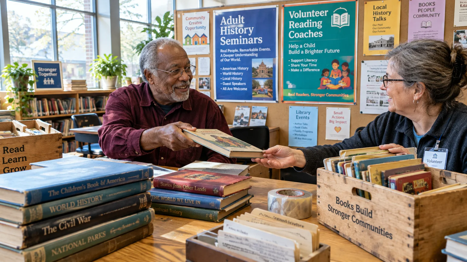 Two smiling older adults sort through stacks of books together at a library table lined with community flyers.