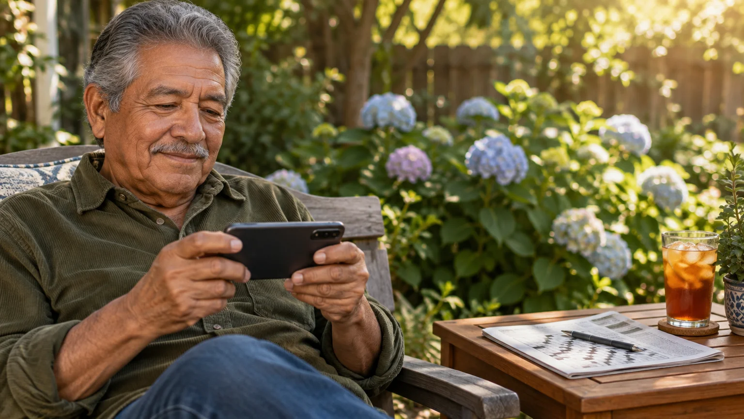 Senior man sitting outdoors on a wooden chair, smiling while looking at a smartphone held horizontally in his hands.