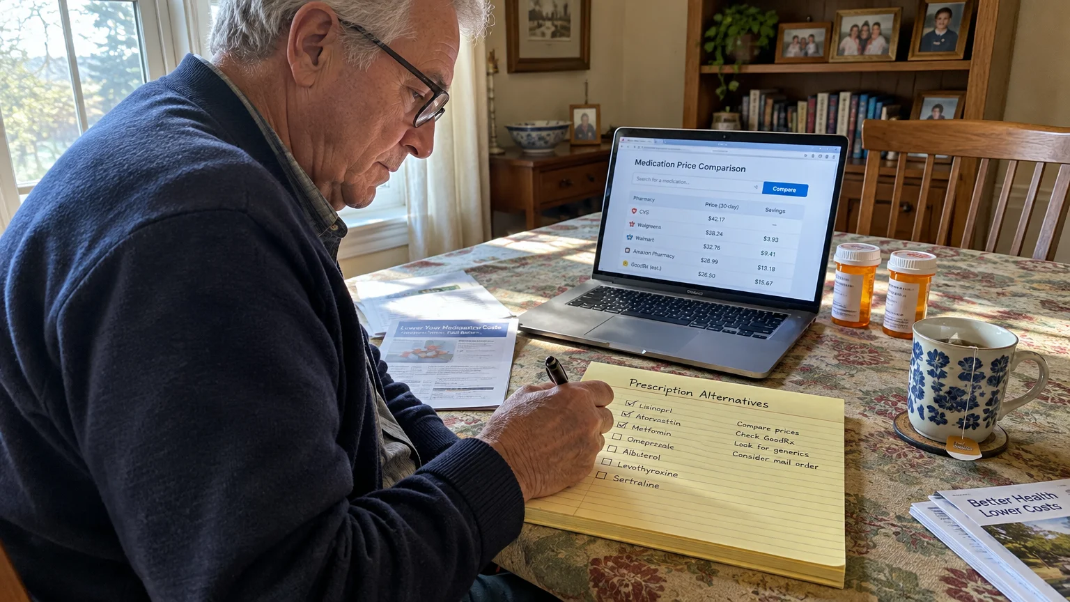 Older man writing on a yellow legal pad titled Prescription Alternatives beside a laptop showing medication price comparisons.